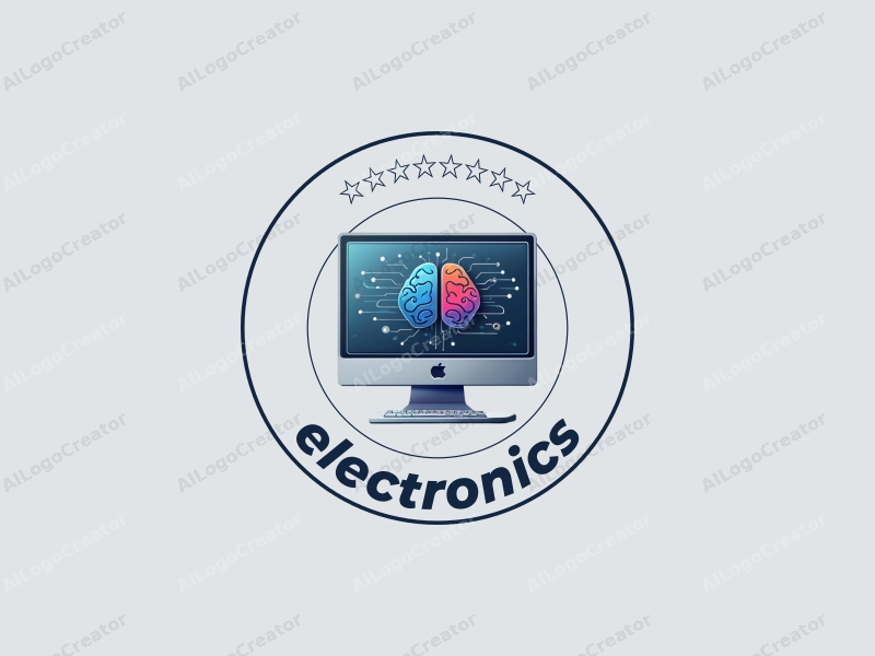 a modern design featuring sleek electronic devices and a stylized computer, incorporating an electronic brain and flowing data streams, combined with a clean silver background.