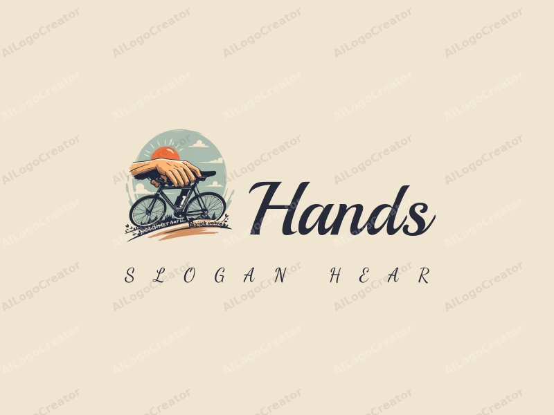 a realistic and abstract design featuring a hand gripping a bicycle handlebar, combined with elements of cycling and sports, set against a clean background.