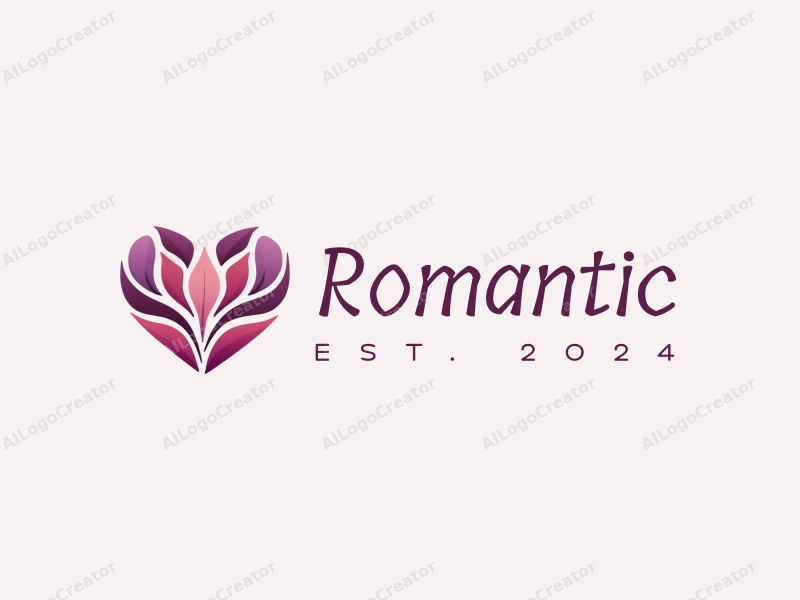 playful design features a heart shape intertwined with flower petals, using a pink and purple color palette, combined with a clean background.