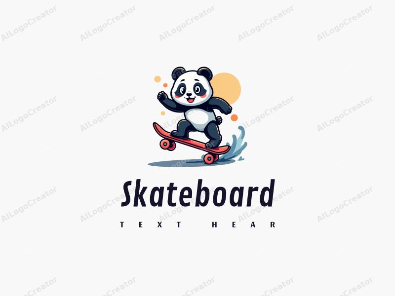 playful design features a panda riding a skateboard, vibrant colors, and a dynamic composition combined with a clean background.