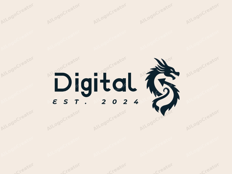 minimalist design features a stylized dragon intertwined with an arrow, representing technology and design, combined with a clean background and a modern aesthetic.