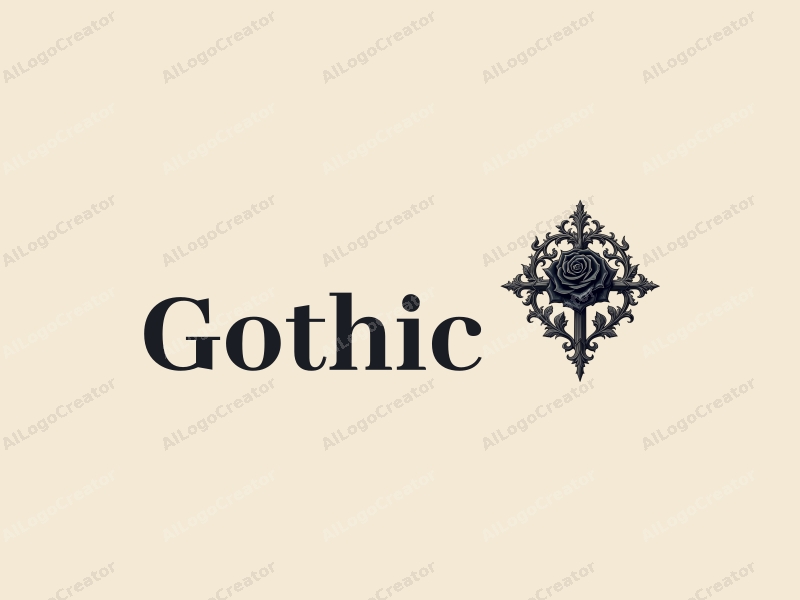 Gothic design features intricate Gothic architecture, stylized Gothic fashion elements, a black rose intertwined with a cross, combined with a clean background.