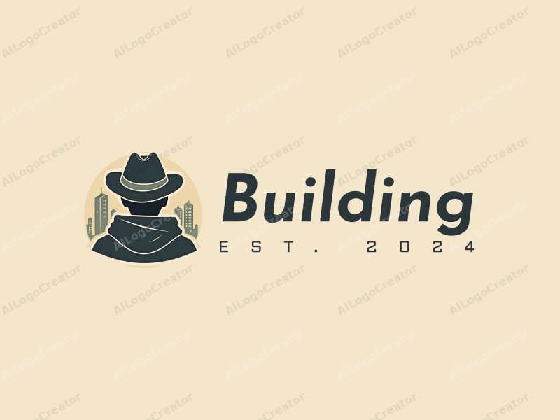 modern design features a stylized building and structure, a person wearing a hat, combined with a clean background.