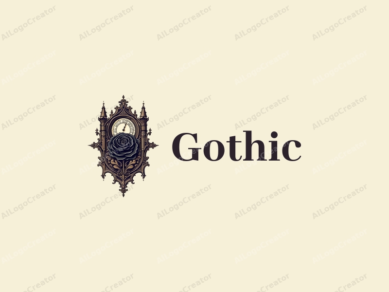 Gothic design features intricate Gothic architecture, stylized Gothic fashion elements, a black rose intertwined with an ancient clock, combined with a clean background.