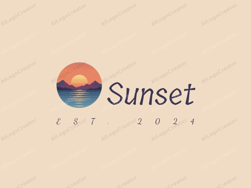 vintage design features a stylized sunset over the ocean with mountains in the background, incorporating warm orange and purple hues, combined with a clean and harmonious layout.