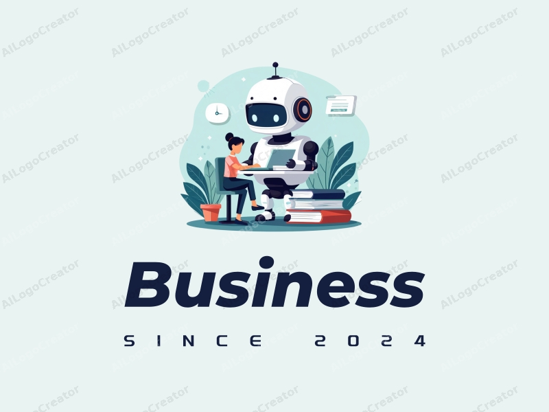 a modern design featuring a stylized chatbot interacting with books in a business office setting, combined with a clean background and simple geometric shapes.