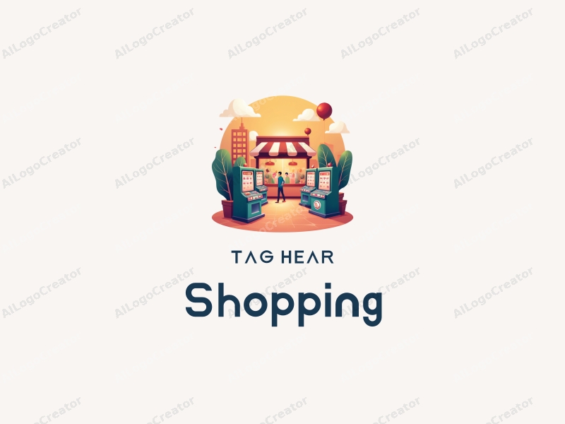 a modern design featuring a vibrant shopping mall scene with stylized lottery and slot machine elements, combined with a clean background and a playful composition.