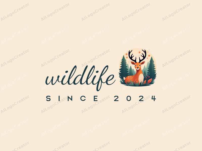 playful design features a stylized deer amidst a vibrant forest, incorporating elements of wildlife and nature, with a clean background and harmonious composition.