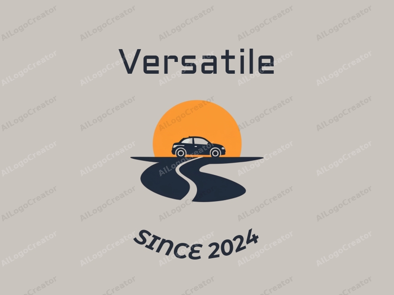 minimalist design features a stylized car silhouette on a road, incorporating multifunctional and adaptable elements, combined with a clean background.