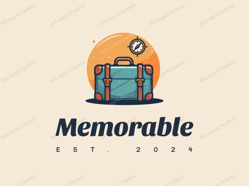 playful design features a stylized travel suitcase and a compass, combined with a clean background and a whimsical approach.