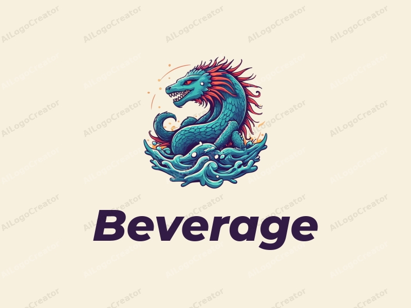 a modern design featuring vibrant beverage elements, a stylized sea monster intertwined with dynamic waves, using a variety of colors to create a lively and engaging composition on a clean background.