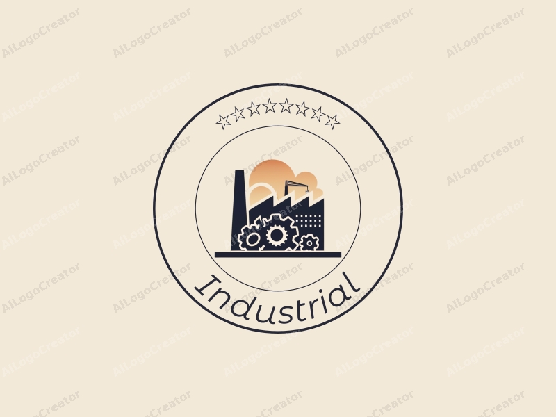 modern design features a stylized factory silhouette, interlocking gears, and a crane, combined with a clean background.