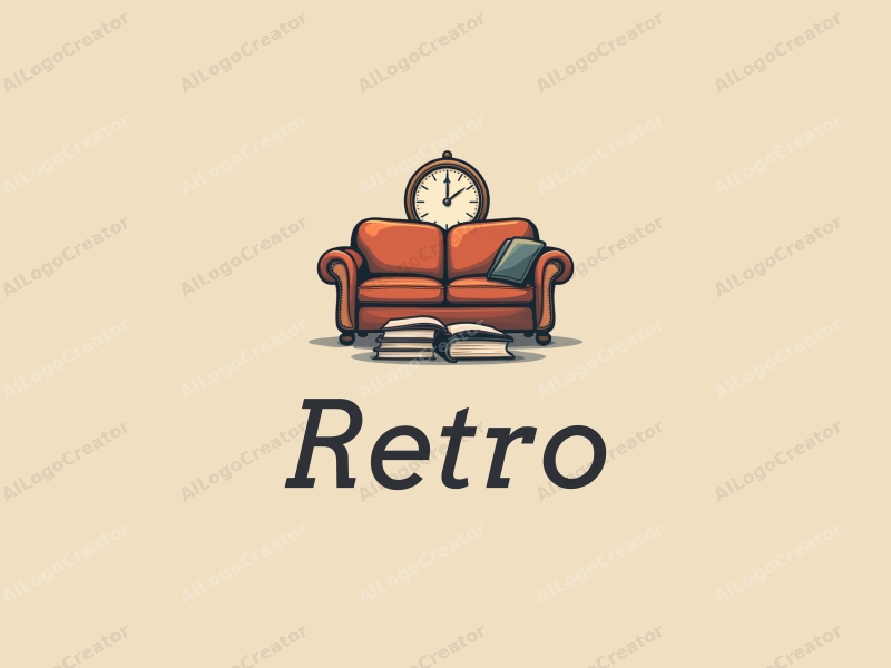 vintage design features a retro sofa, a vintage clock, and classic books, combined with a retro poster design approach against a clean background.