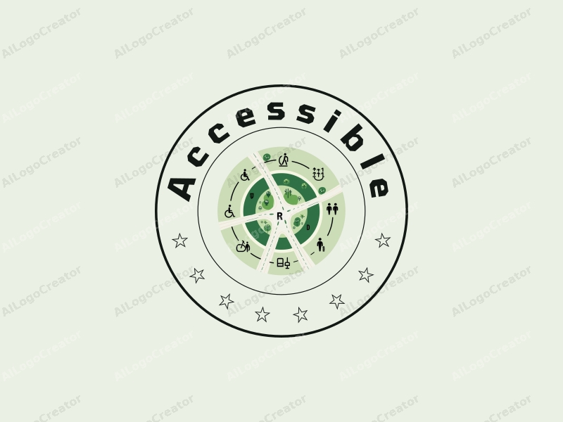 modern design features accessibility elements, inclusive design symbols, green spaces, and pedestrian pathways combined with a clean background.