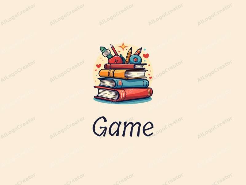 playful design features vibrant game and toy elements, stylized books and pencils, combined with a clean background.