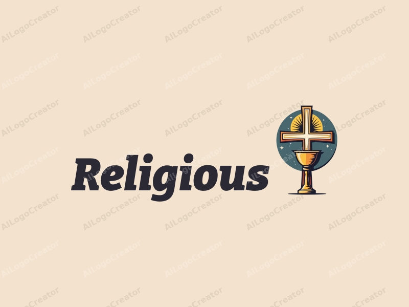 vintage design features a prominent cross, a golden halo surrounding it, and a stylized chalice, combined with a clean background.