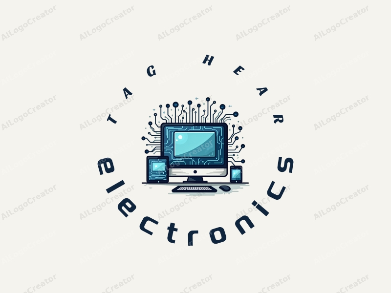 a modern design featuring sleek electronic devices and a stylized computer, integrated with circuit board patterns and flowing data streams, combined with a clean background.