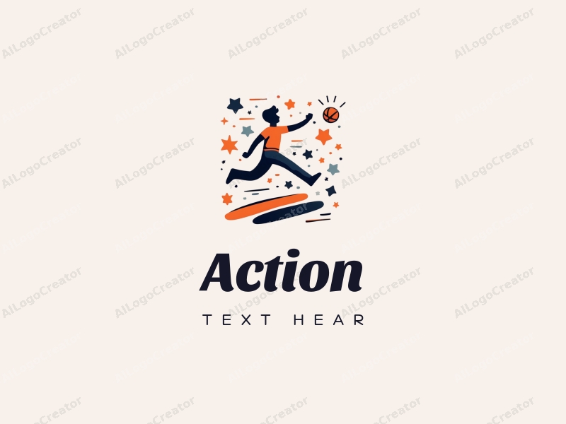 playful design features dynamic silhouettes of a person jumping and throwing, combined with energetic lines and shapes, set against a clean background.