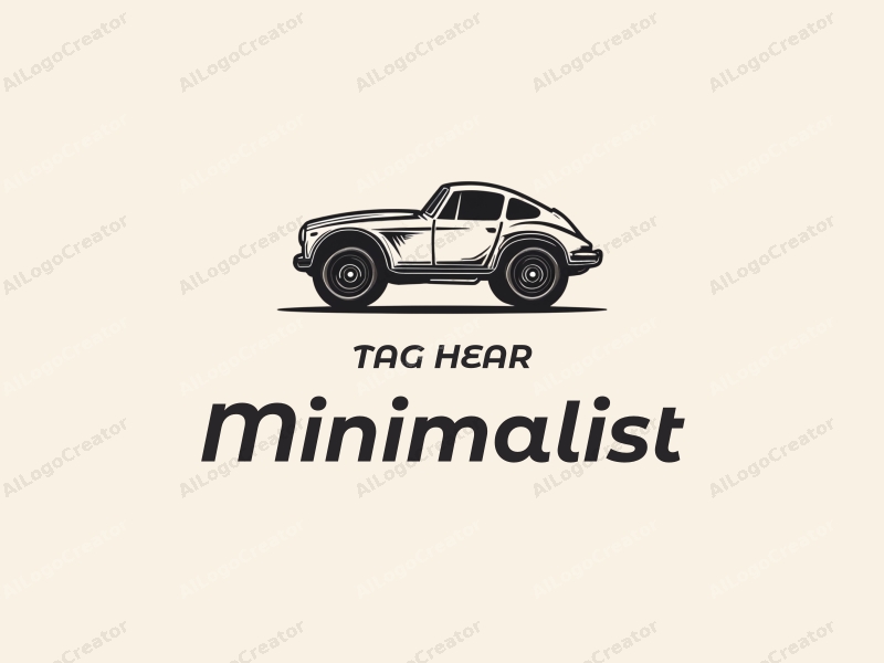 minimalist design features a stylized car silhouette and tire elements, combined with simple lines and a clean black and white background.