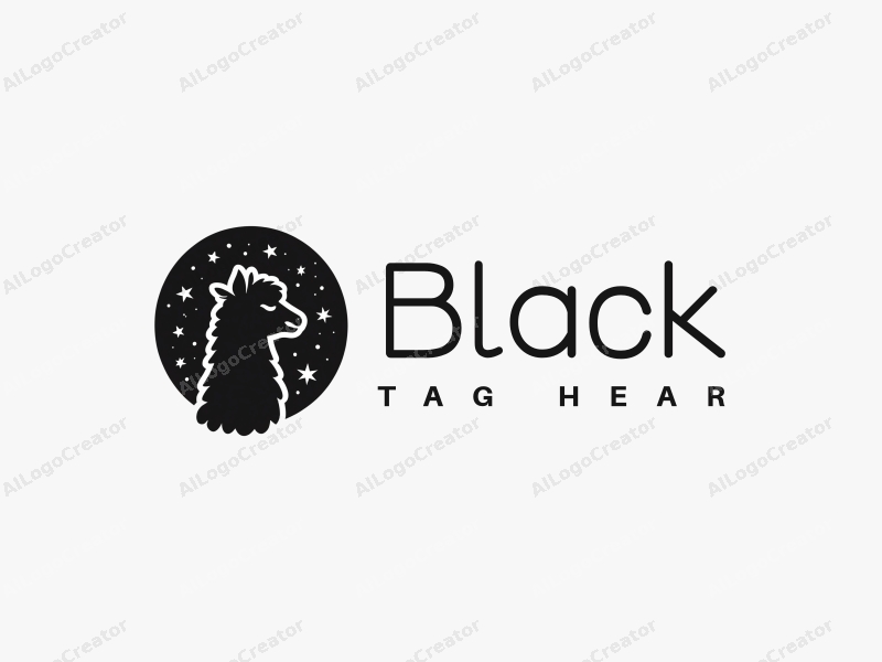 minimalist design features a stylized alpaca silhouette against a starry night background, incorporating black tones with a clean and simple composition.