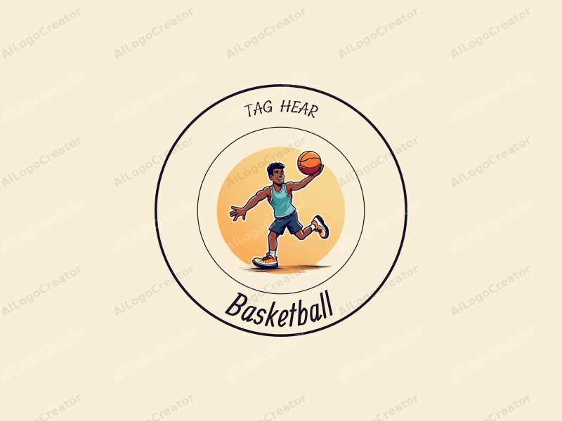 playful design features a stylized basketball, a cheerful athlete in motion, combined with a clean background.