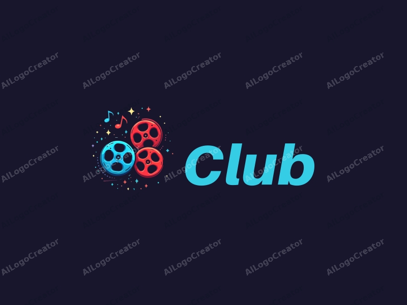 a modern and vibrant design featuring elements of nightlife and parties, incorporating stylized representations of film reels and musical notes, using a color palette of blue, red, and black, combined with a clean and simple background.