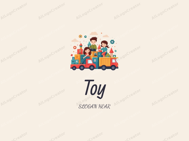 playful design features a vibrant arrangement of dolls, puzzles, toy cars, and building blocks, combined with a clean background and a whimsical approach.