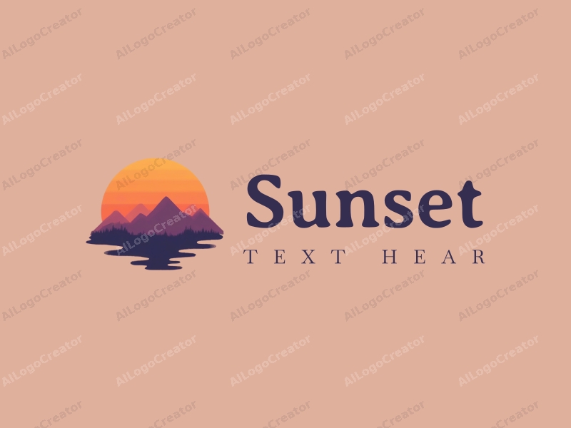 vintage design features a stylized sunset over mountains, with a harmonious blend of orange and purple hues, creating a serene landscape atmosphere.