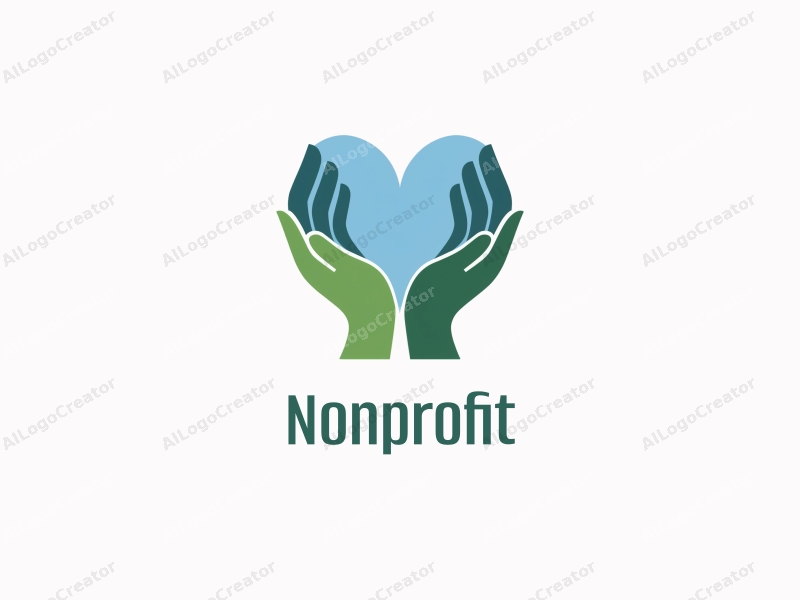 modern design features a heart shape formed by hands, symbolizing charity and volunteerism, combined with a clean background in blue and green tones.