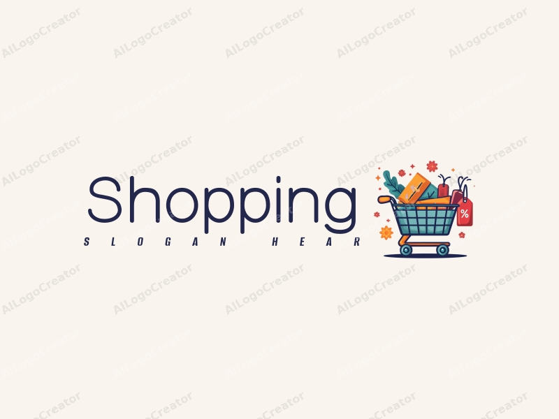 a modern design featuring a colorful shopping cart and a discount tag, combined with elements of a mall, creating a harmonious and clean composition.