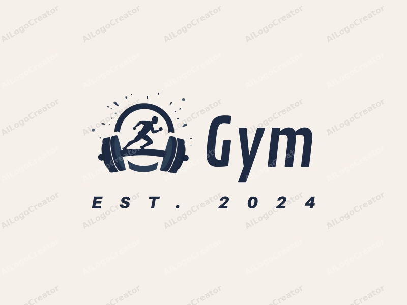 modern design features a stylized dumbbell and a dynamic runner silhouette, combined with a clean background and a harmonious layout.