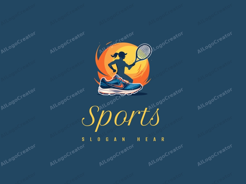 vibrant design features a stylized running shoe and tennis racket, combined with a dynamic runner silhouette and flowing wind elements, set against a clean background.