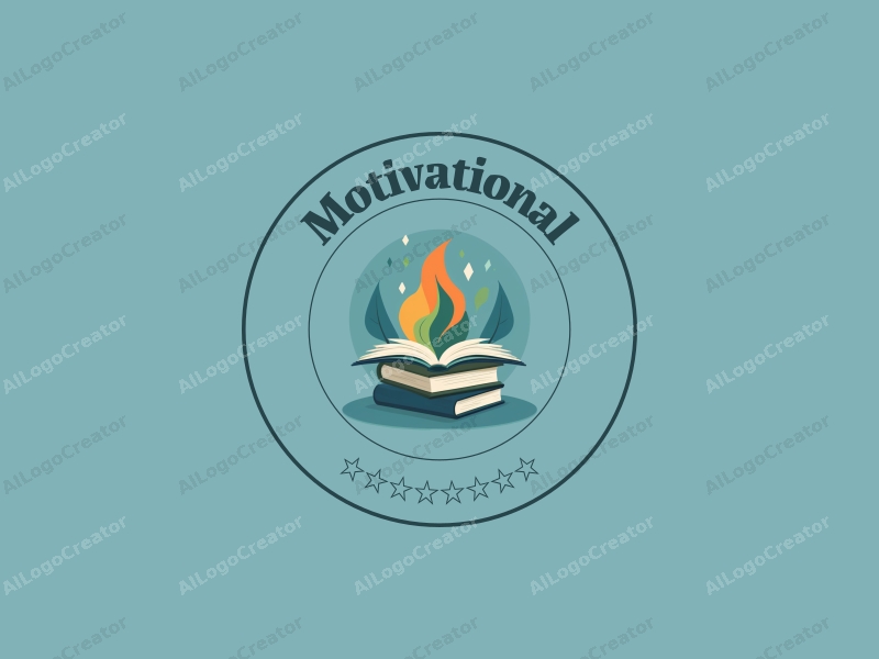 a modern design featuring stylized books and flames, symbolizing motivation and inspiration, combined with a clean background in blue and green tones.