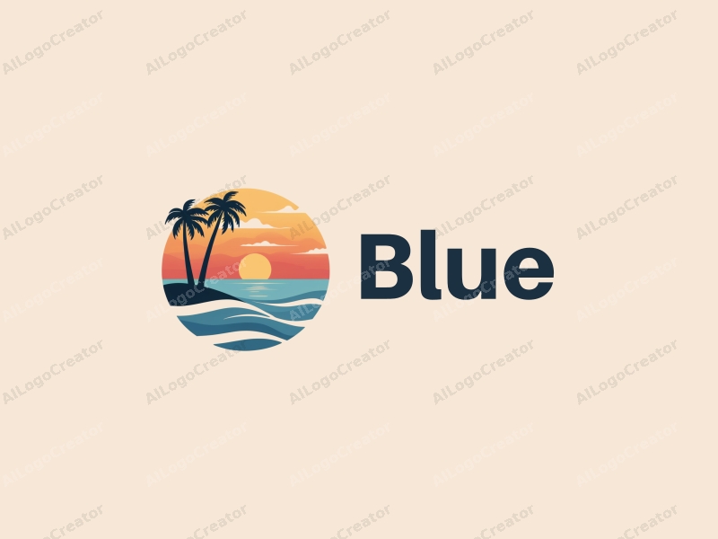 minimalist design features a serene ocean and sky, a stylized sunrise, and palm trees, combined with a clean background.