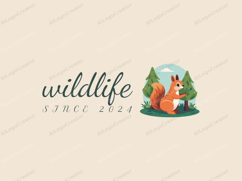 playful design features a stylized squirrel interacting with trees in a vibrant natural landscape, incorporating elements of wildlife and education, combined with a clean background.