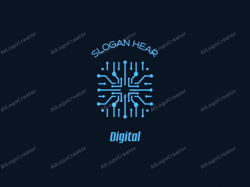 a modern minimalist design featuring digital elements like circuit patterns, stylized data streams, and network symbols, combined with a clean background in blue and black colors.