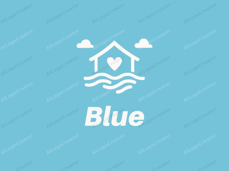 minimalist design features simple waves and clouds, a stylized house silhouette, and a heart shape combined with a clean blue background.