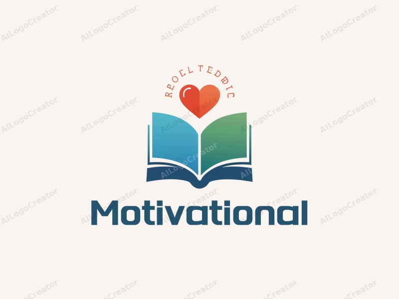 modern design features a stylized book and a heart symbol, representing motivation and encouragement, combined with a clean background in blue and green colors.