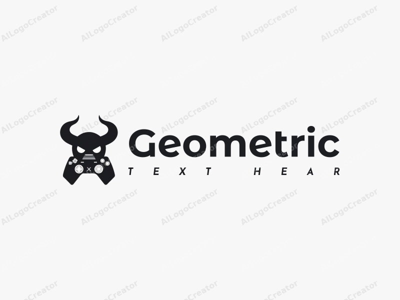 geometric design features a stylized demon and game controller integrated with square and circular shapes, combined with a clean black and white background.