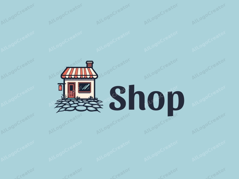 modern design features a stylized shop silhouette with a signboard, cobblestones in the foreground, and a clean blue background.