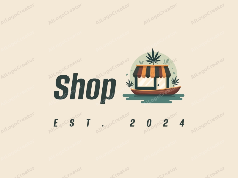 a modern design featuring a stylized shop front, a sleek boat silhouette, and a cannabis leaf, combined with a clean background for a harmonious and simple composition.