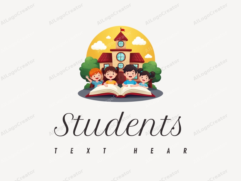 playful design features cheerful students, a stylized school building, open books, and pencils arranged harmoniously with a vibrant background.