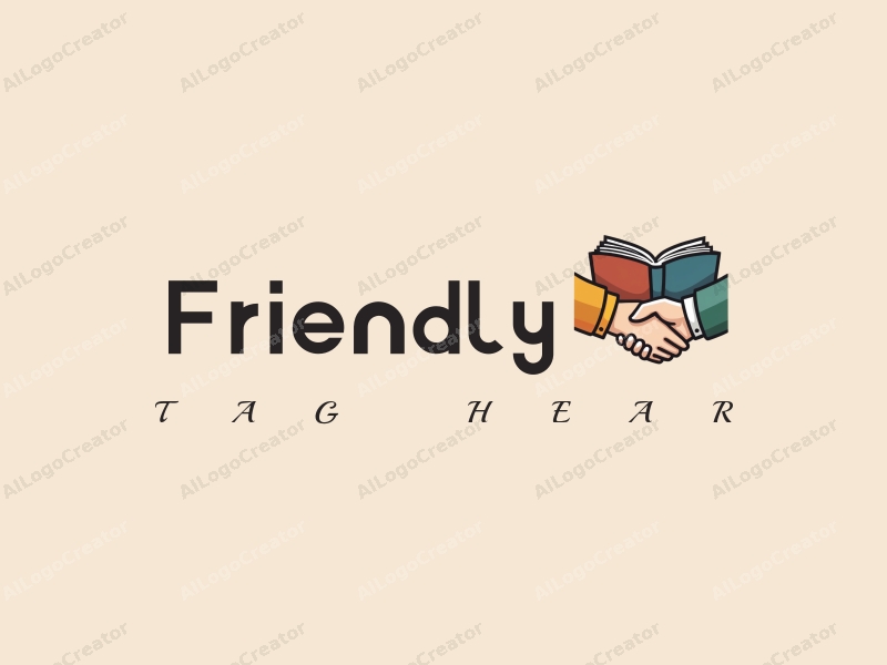 playful design features a stylized book and a handshake, combined with a clean background, emphasizing friendship and community in an educational and social context.