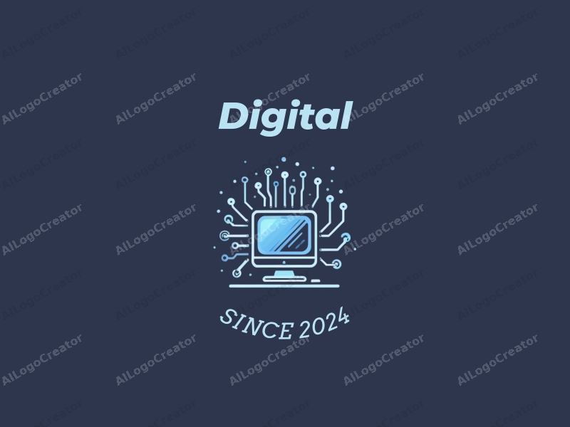 modern design features digital elements like circuits and a stylized computer, combined with a clean background and a harmonious layout.