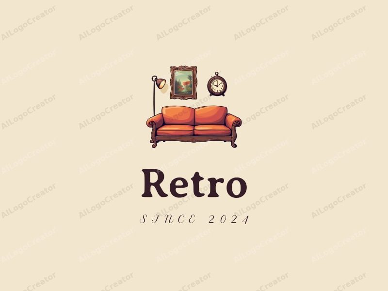 vintage design features a retro sofa, a retro poster, a vintage clock, and a decorative painting combined with a clean background.