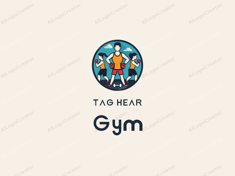 a modern design featuring fitness equipment like dumbbells and boxing gloves, combined with active individuals in a clean and simple layout, emphasizing a dynamic and energetic atmosphere.