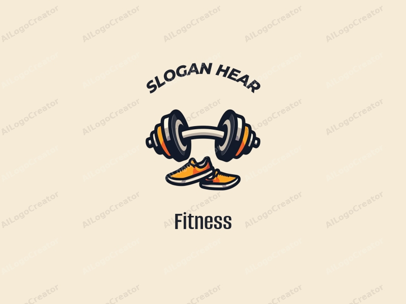 modern design features a stylized dumbbell and running shoes, combined with a clean background and a minimalist approach.