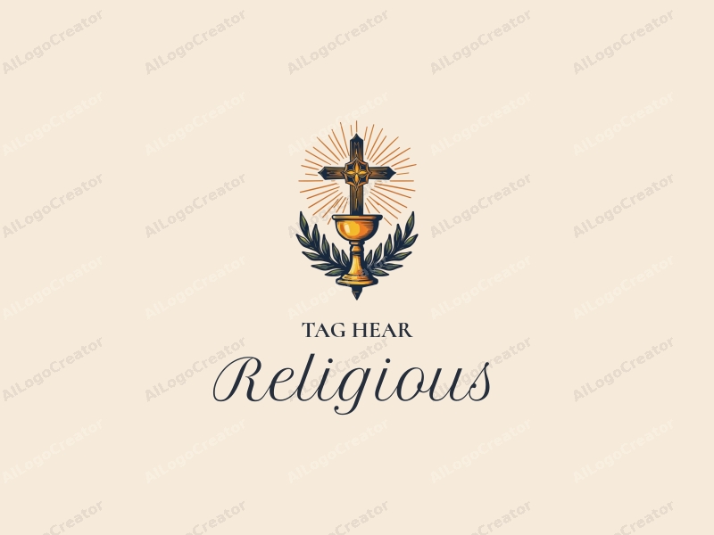 vintage design features a radiant cross and a golden chalice, combined with religious symbols, set against a clean background.