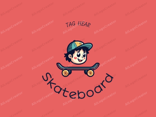 lustiges Design mit einem lebendigen Skateboard und einem stilisierten Kopf, kombiniert mit einem sauberen Hintergrund und einer spaßigen, energetischen Komposition.