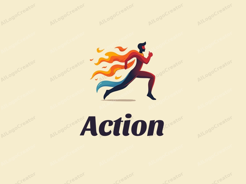 playful design features dynamic motion lines, a stylized figure in a sprinting pose, and vibrant flames, combined with a clean background.